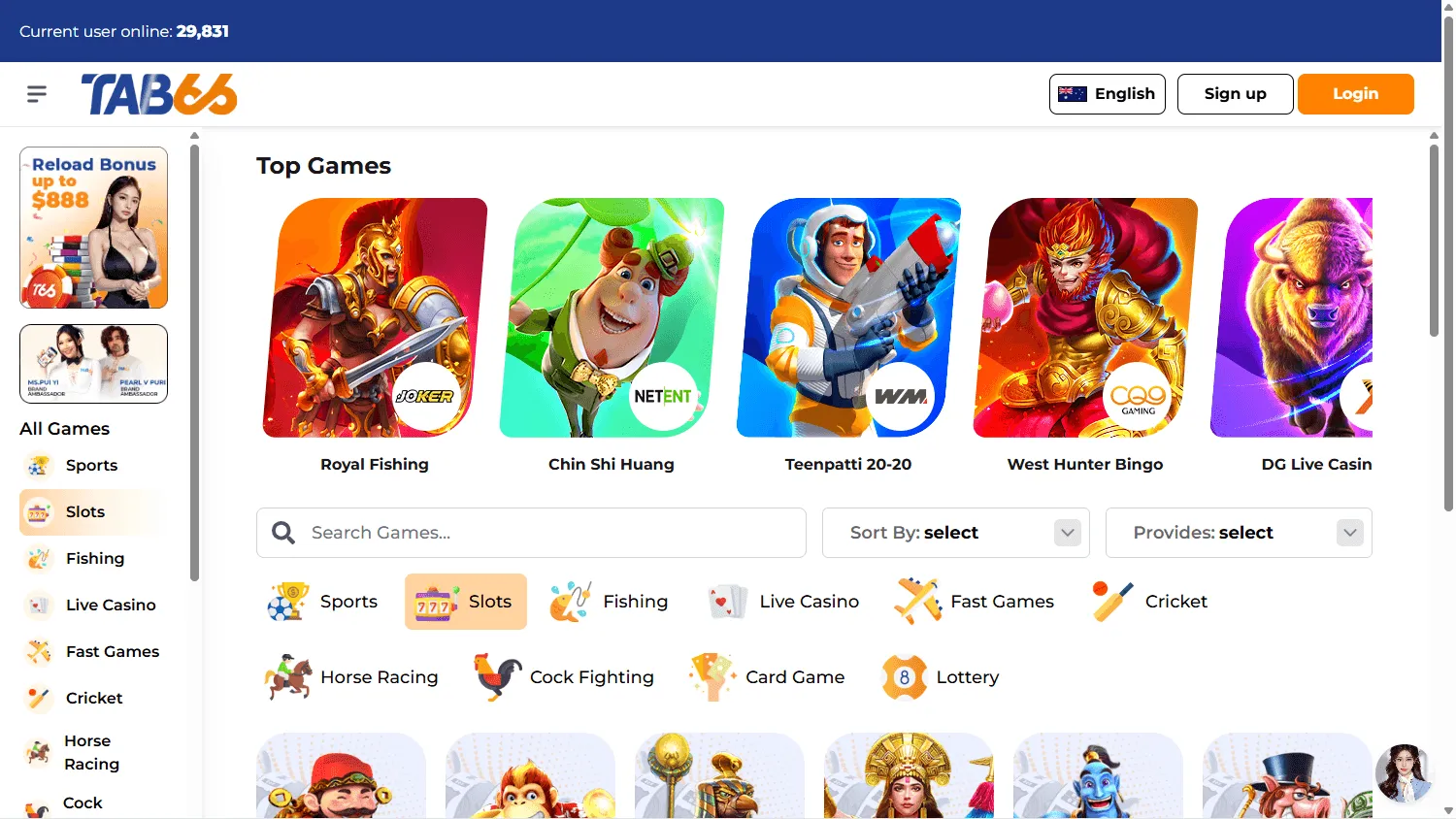 Tab66 Casino desktop casino games screen