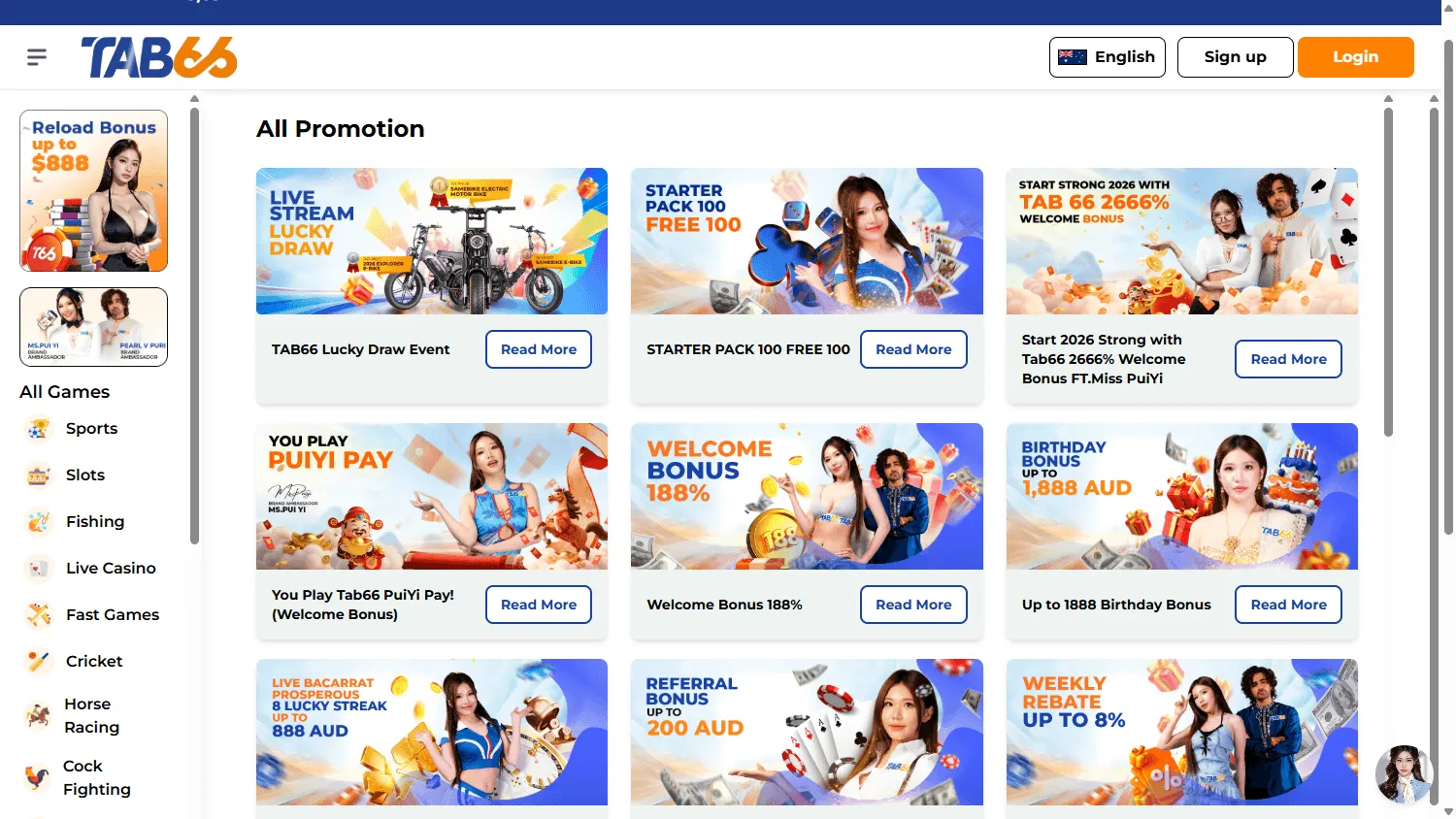 Tab66 Casino desktop promotions screen