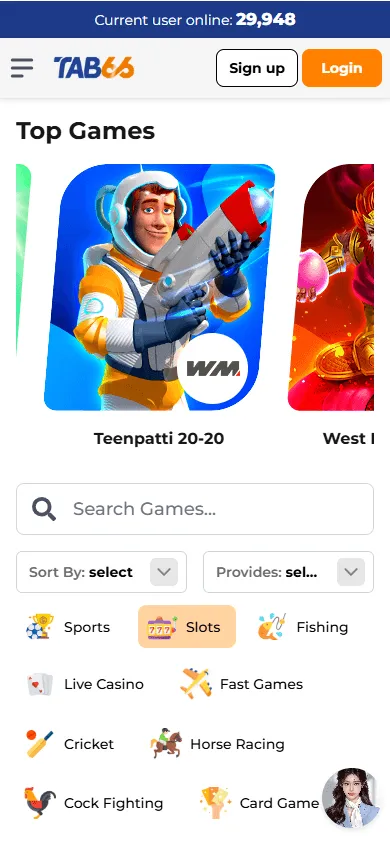 Tab66 Casino mobile casino games screen