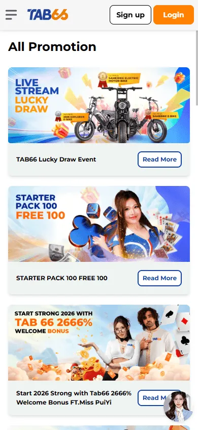 Tab66 Casino mobile promotions screen